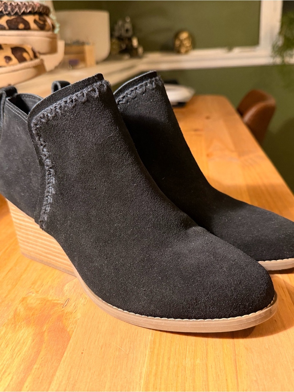 Toms Black Suede Ankle Booties with Wood-Look Heel